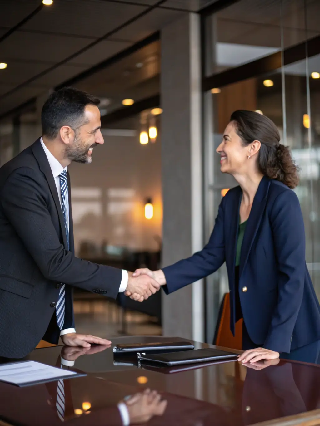 A professional businessman in a suit shaking hands with a businesswoman in a modern office setting, symbolizing a successful business partnership.