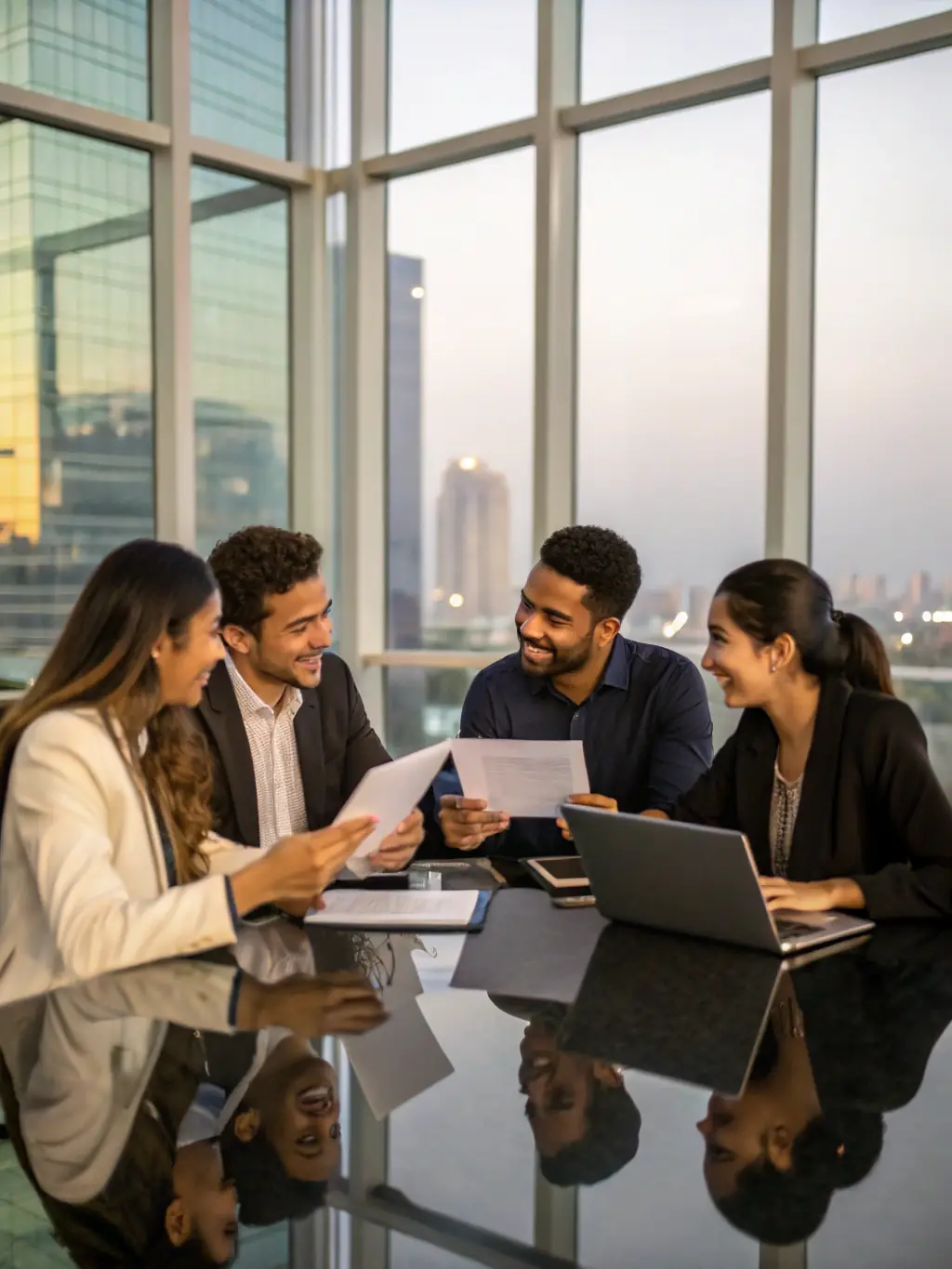 A team of professionals collaborating around a table, reviewing documents and discussing strategies, symbolizing teamwork and operational excellence.