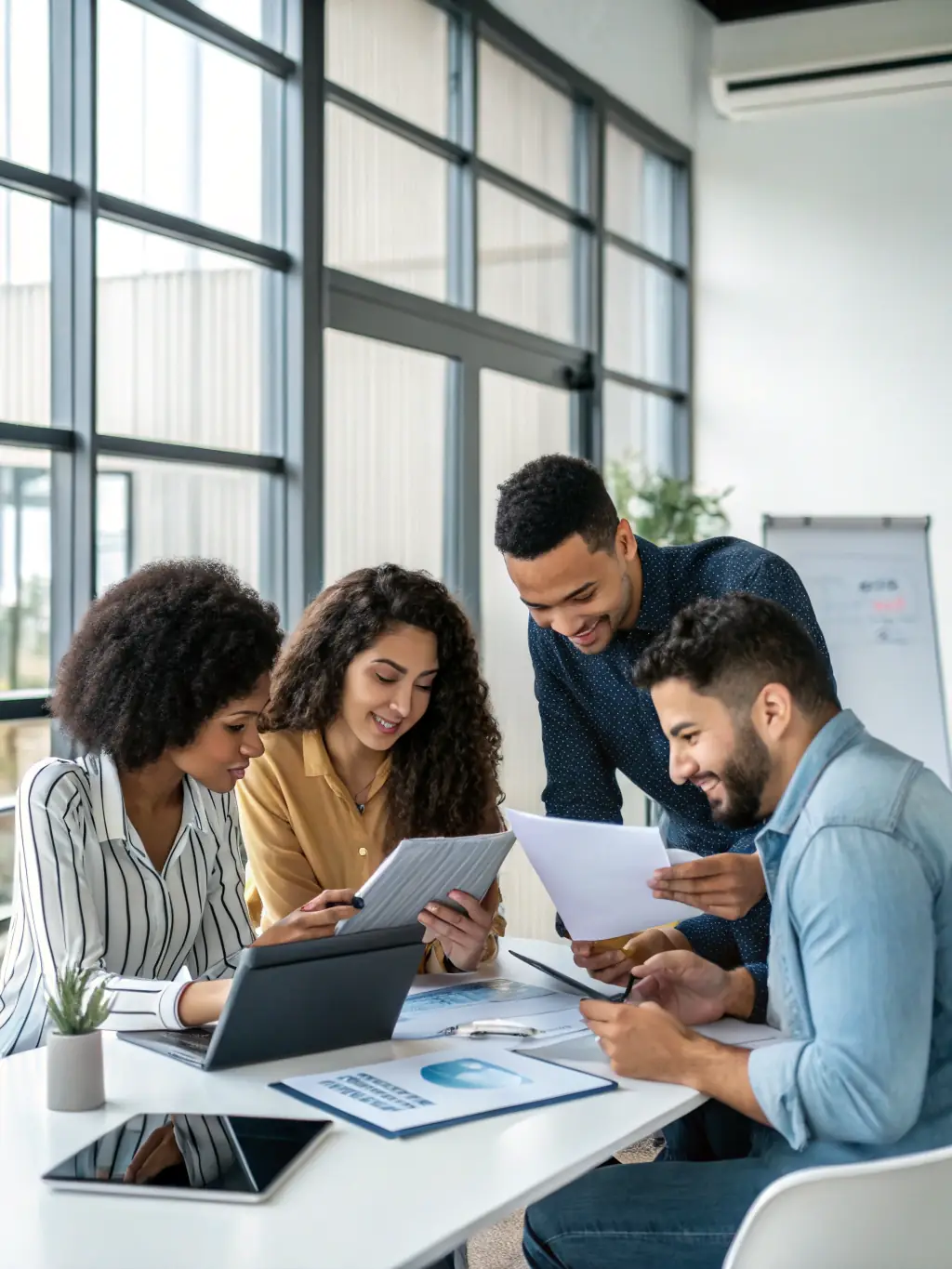 A diverse group of employees working together in a modern office, representing human resources and talent management.