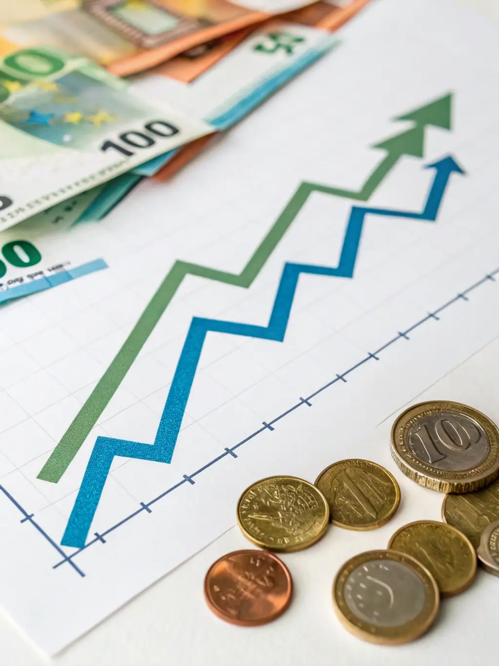 A graph showing upward financial trends, with coins and a calculator in the background, representing financial growth and management.